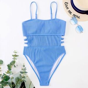 Blue Strappy One-Piece Swimsuit w side cut outs & straps adj spaghetti straps L